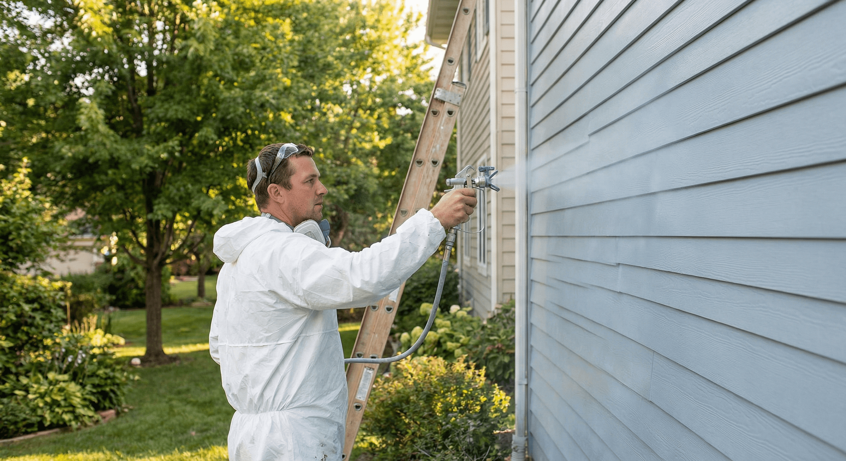Painter spray-painting exterior siding on a Maryland residential home