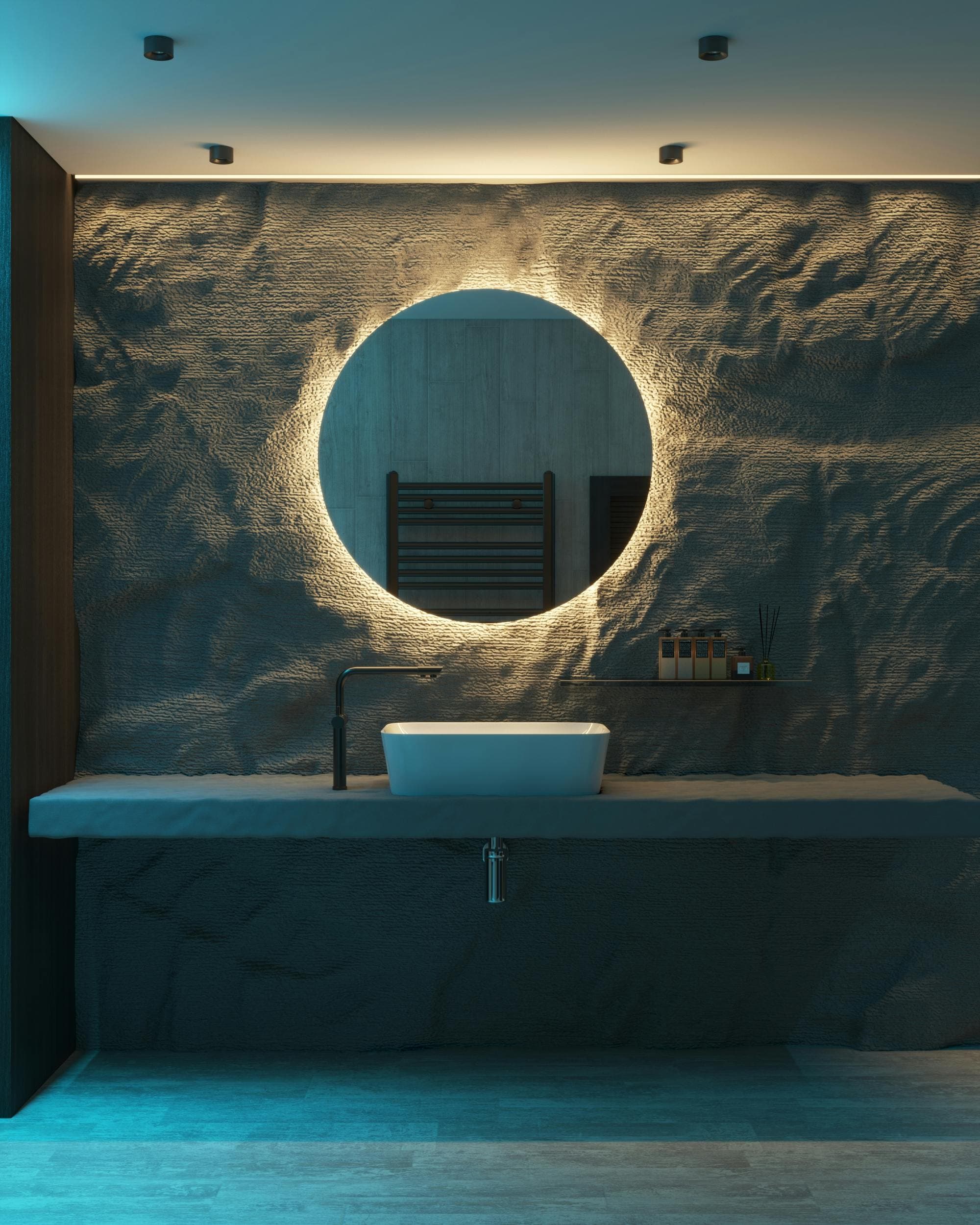 Luxury bathroom with backlit mirror and modern fixtures