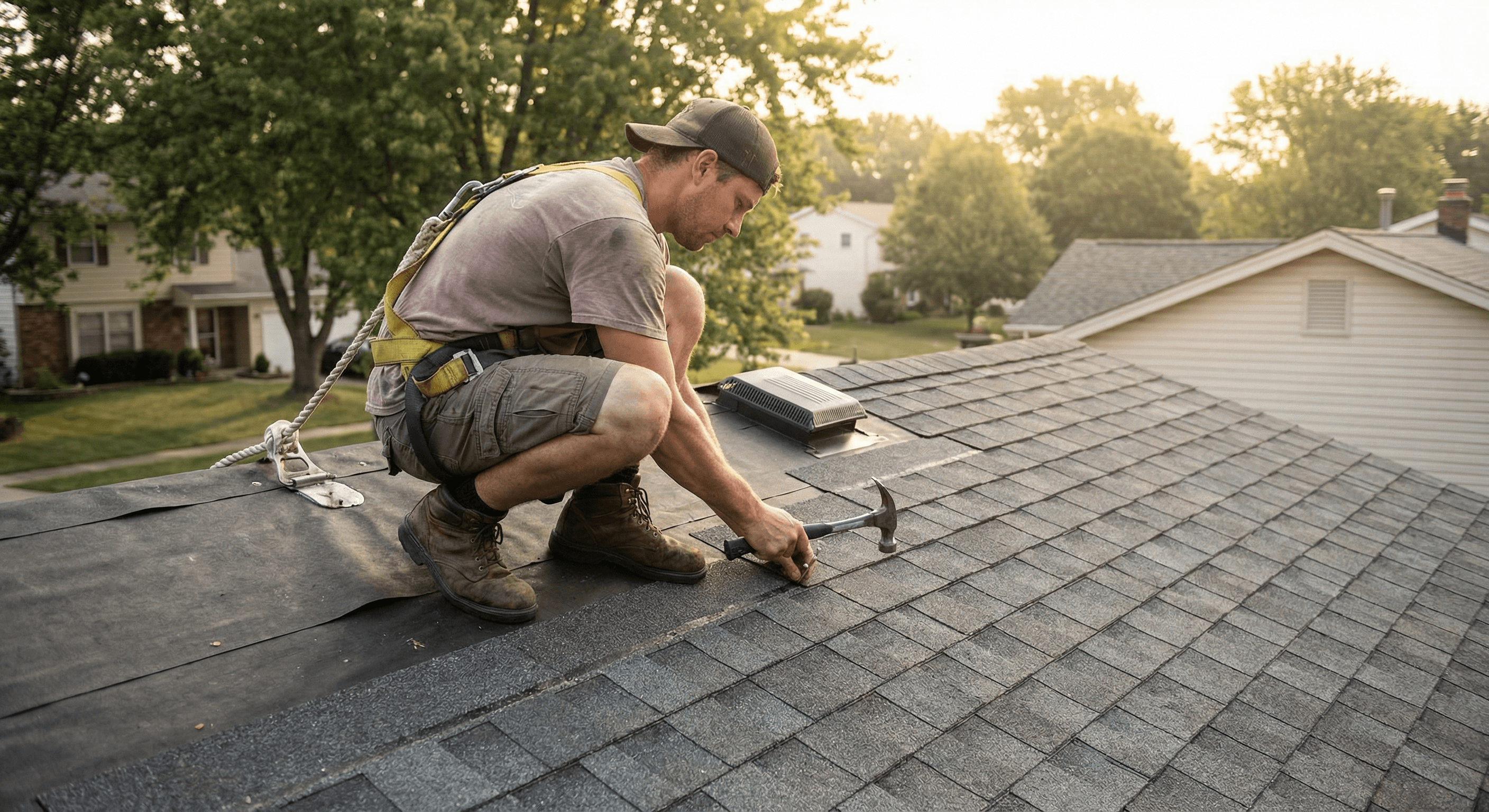 Roofer nailing down shingles during a roof replacement in Maryland