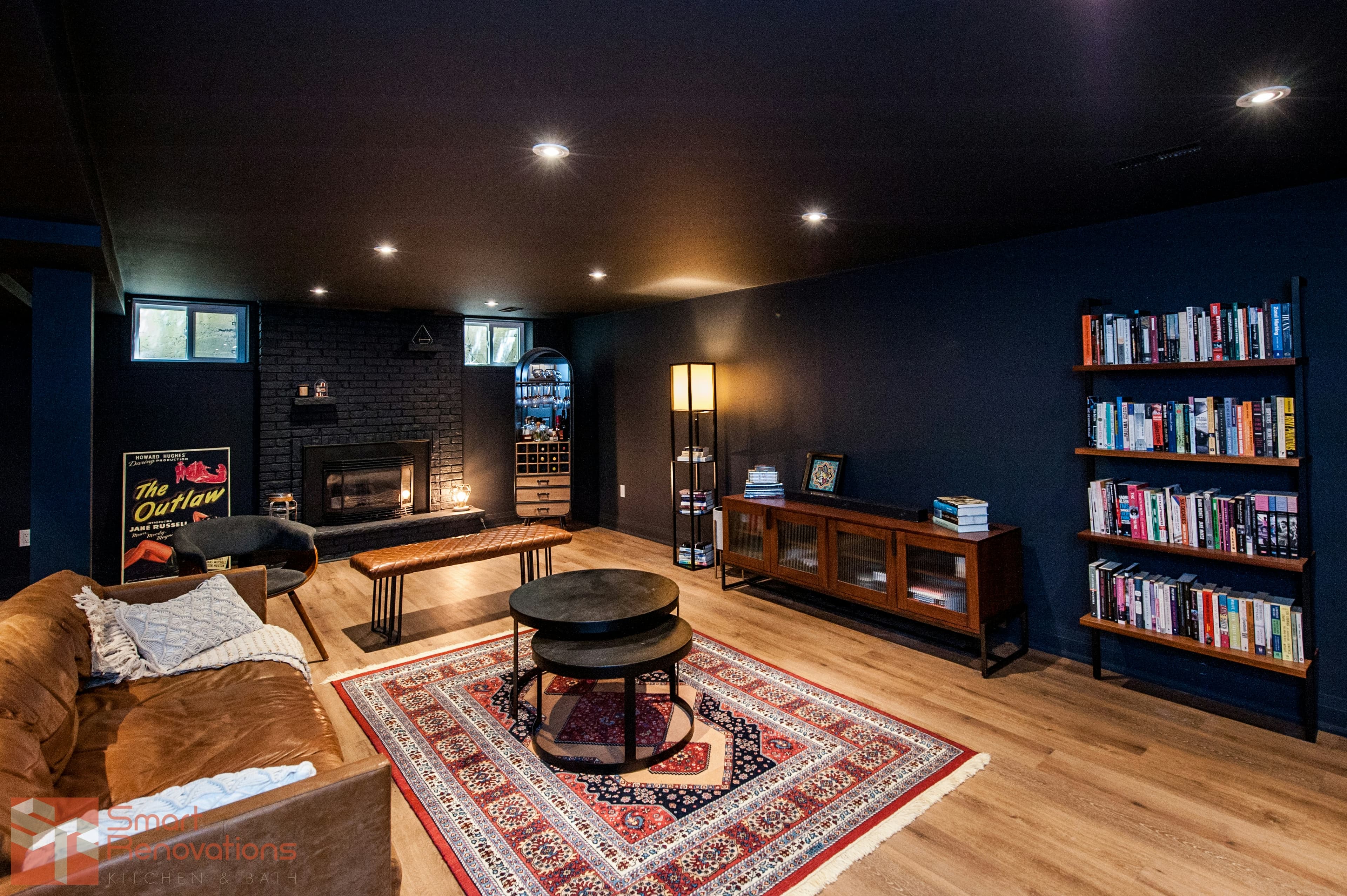 Finished basement living space with fireplace in Maryland