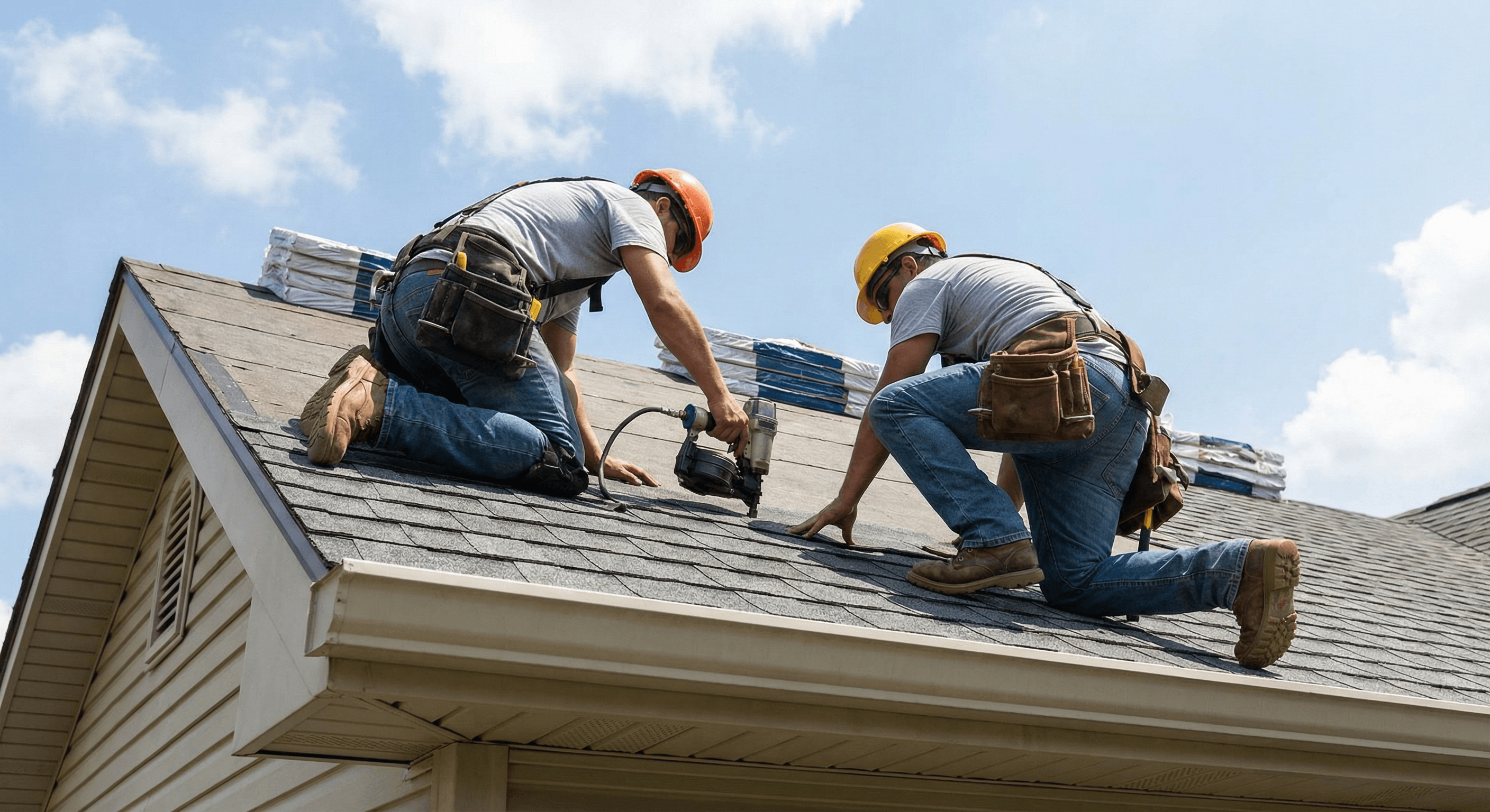 Roofing crew installing shingles on a residential home in the Baltimore area